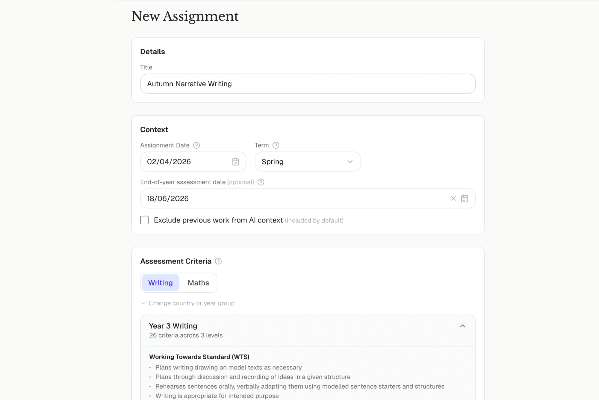 Assignment form with curriculum-aligned assessment grid selection