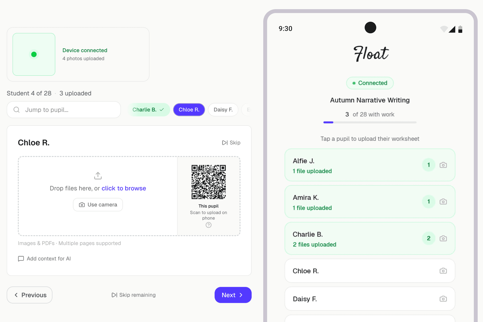 Desktop upload page with QR code panel for cross-device connection