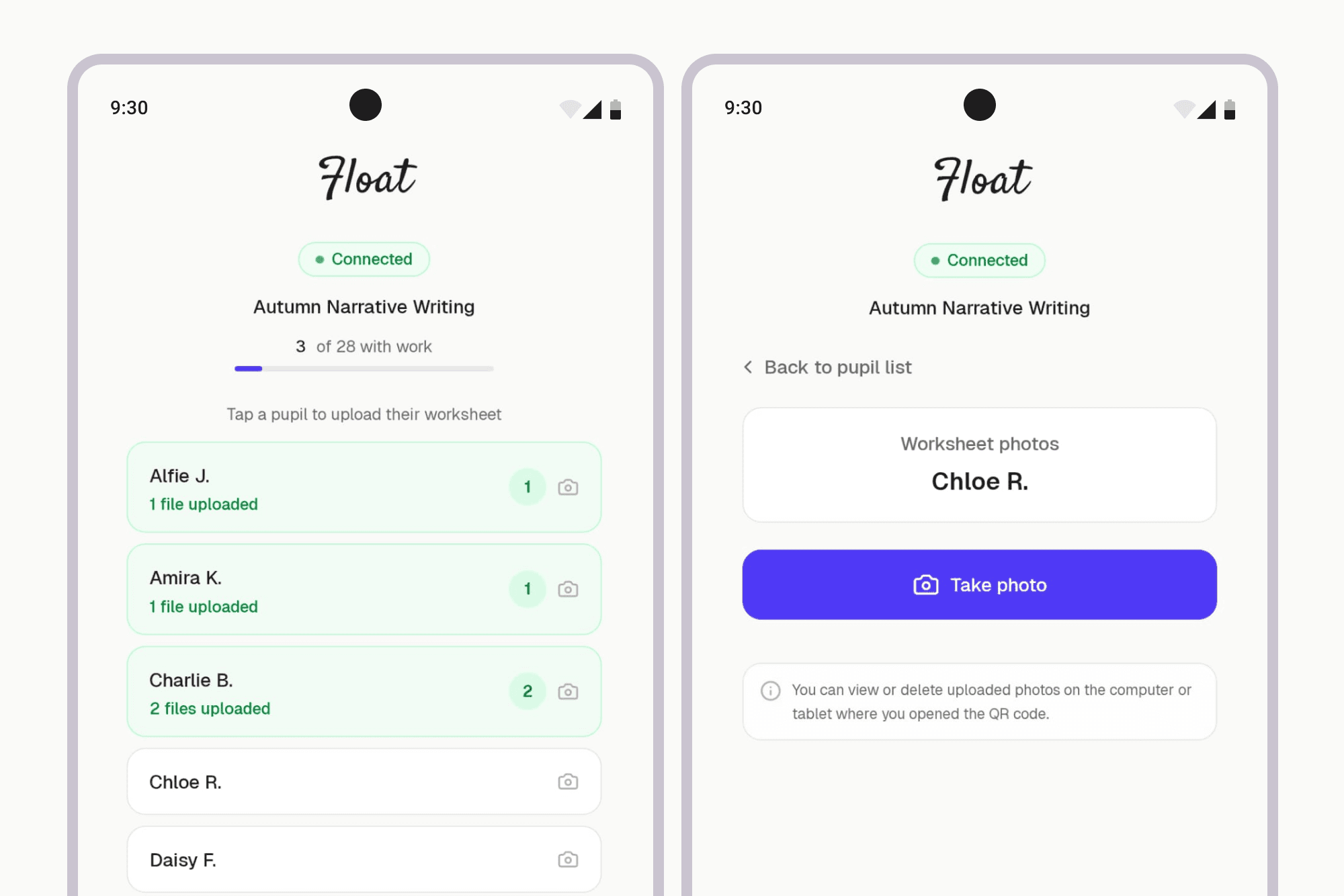 Phone screen showing pupil list ready for worksheet photography