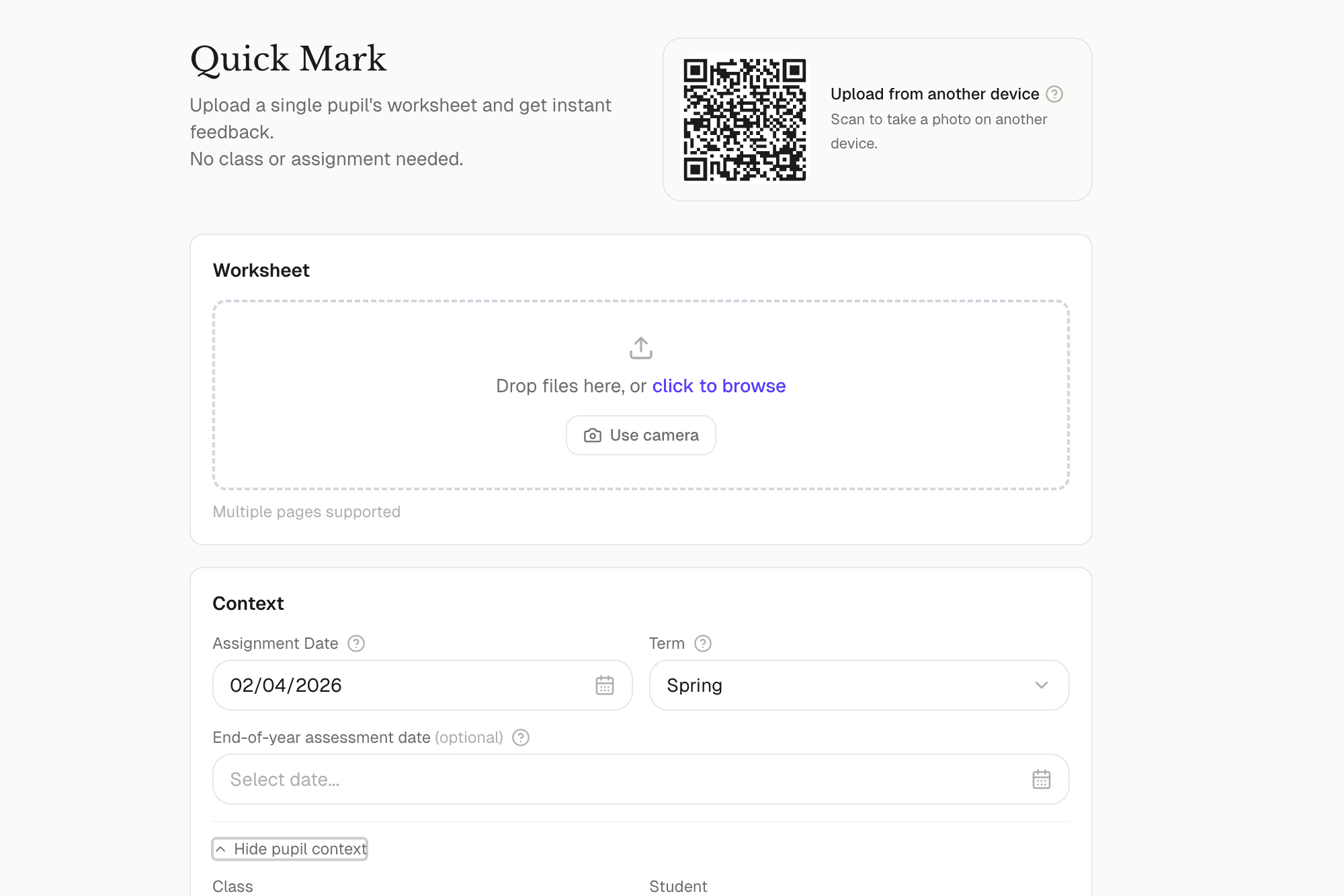 Quick Mark QR code for single worksheet assessment