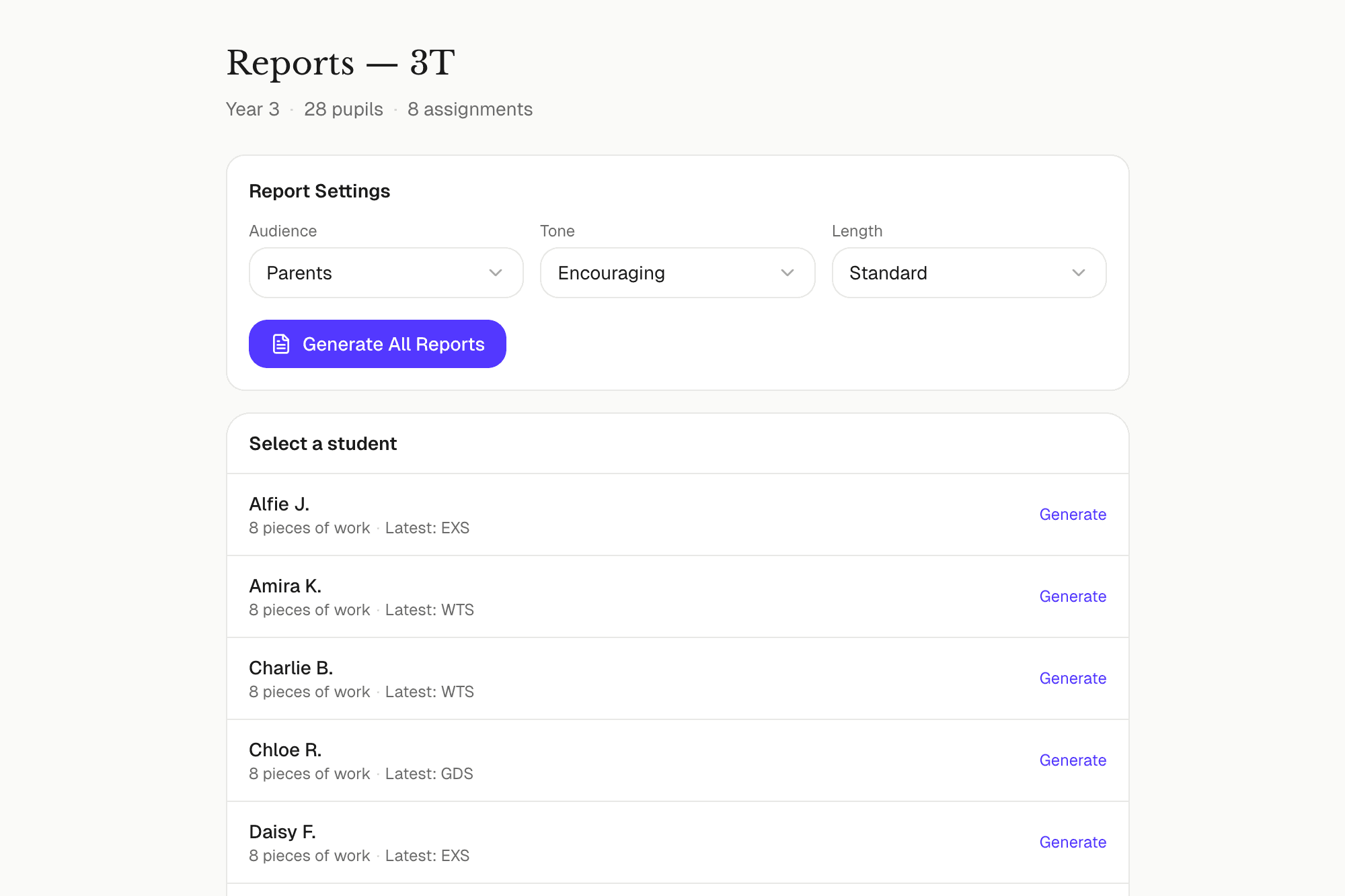 Report generation settings with audience, tone, and assignment selection