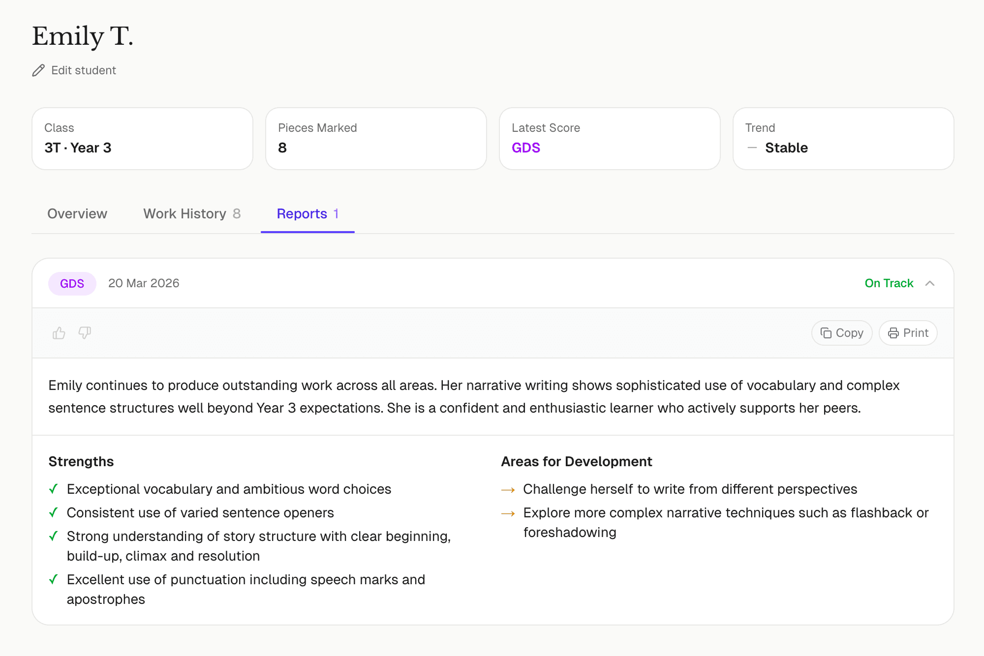 Generated summative report with strengths and areas for development