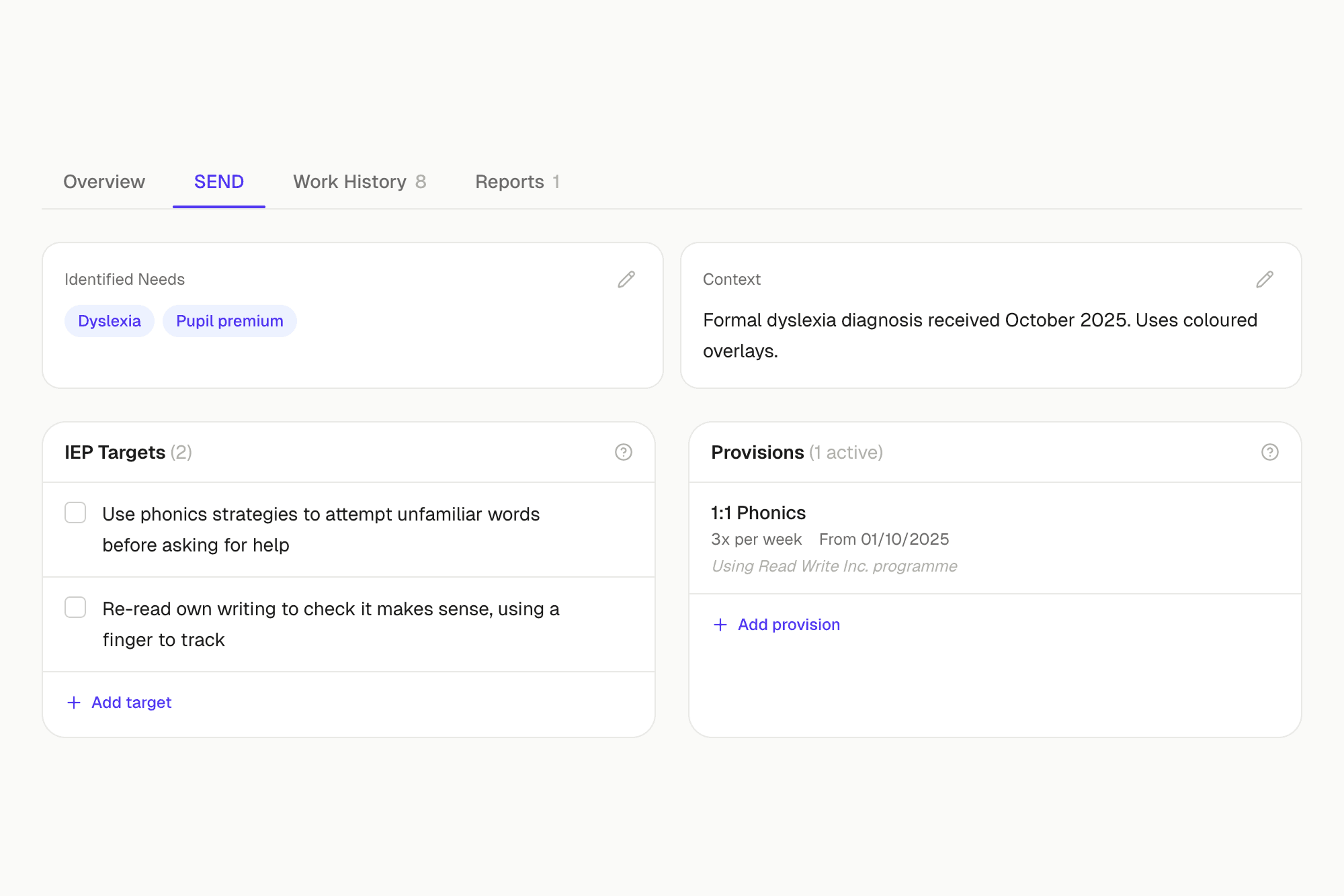 SEND tab showing adapted spelling feedback settings per pupil
