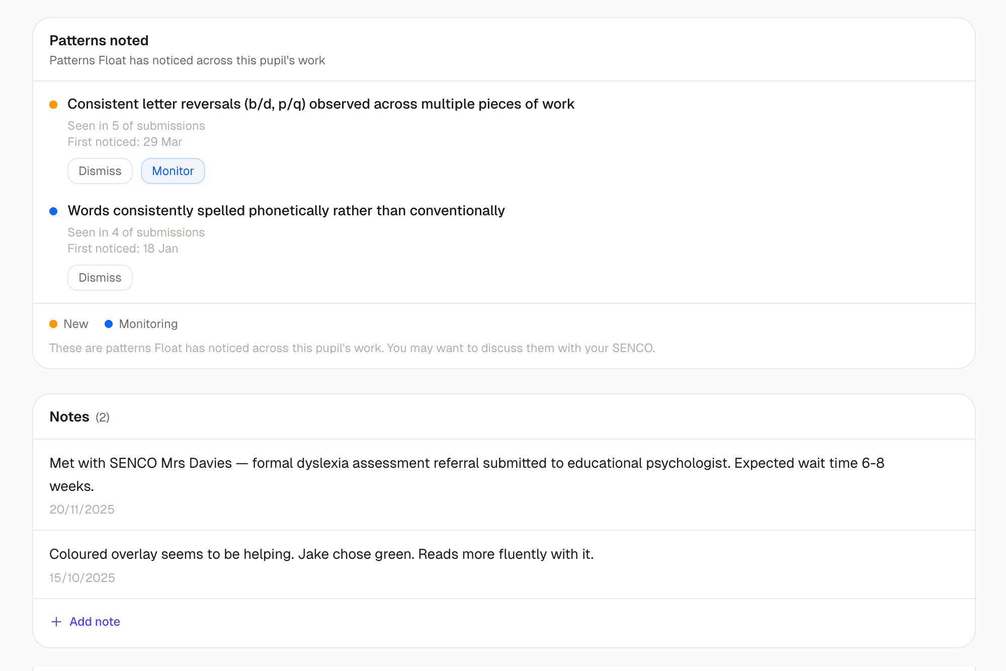 Pupil spelling profile showing recurring misspellings and attempts