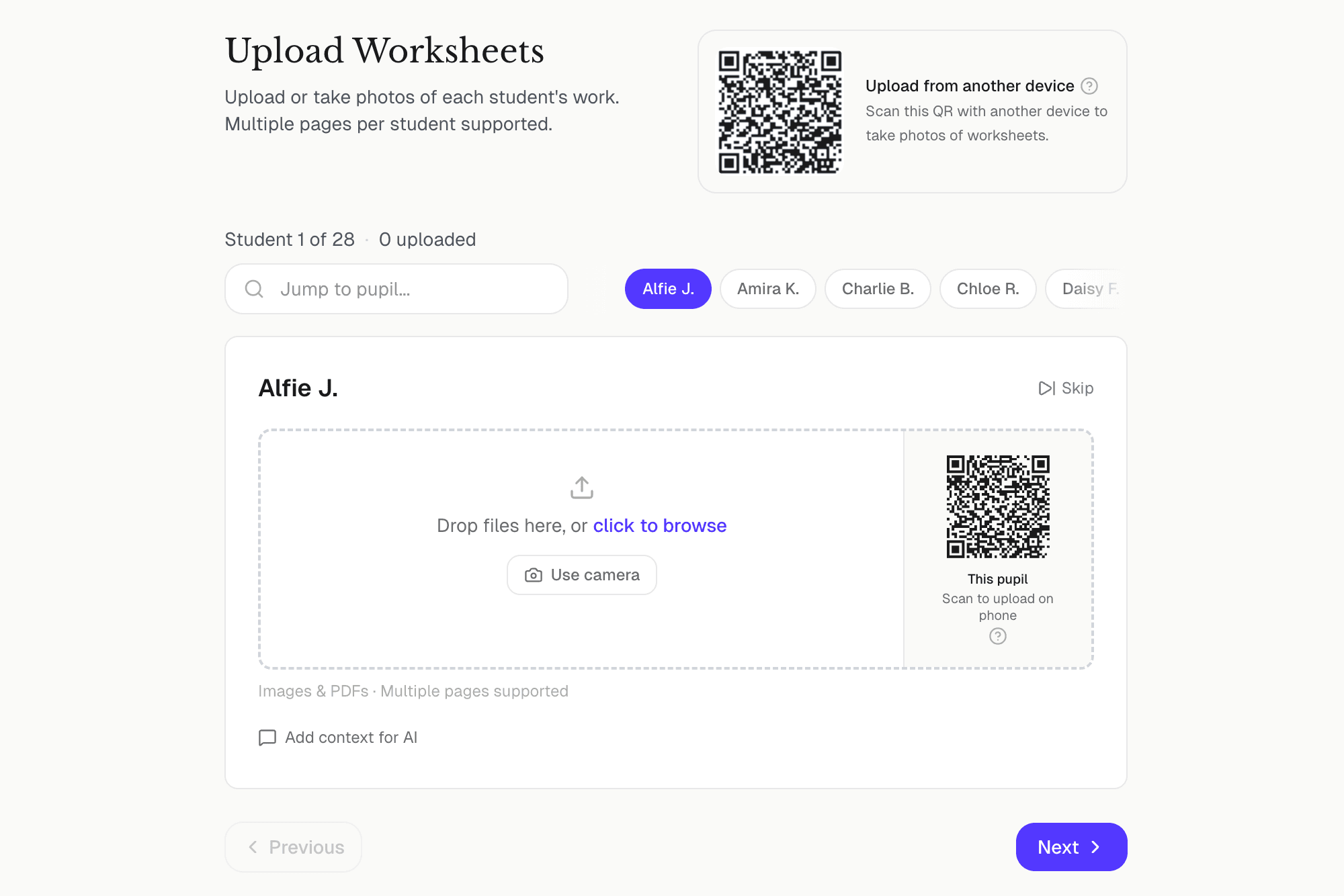 Upload page showing full class list with progress tracking